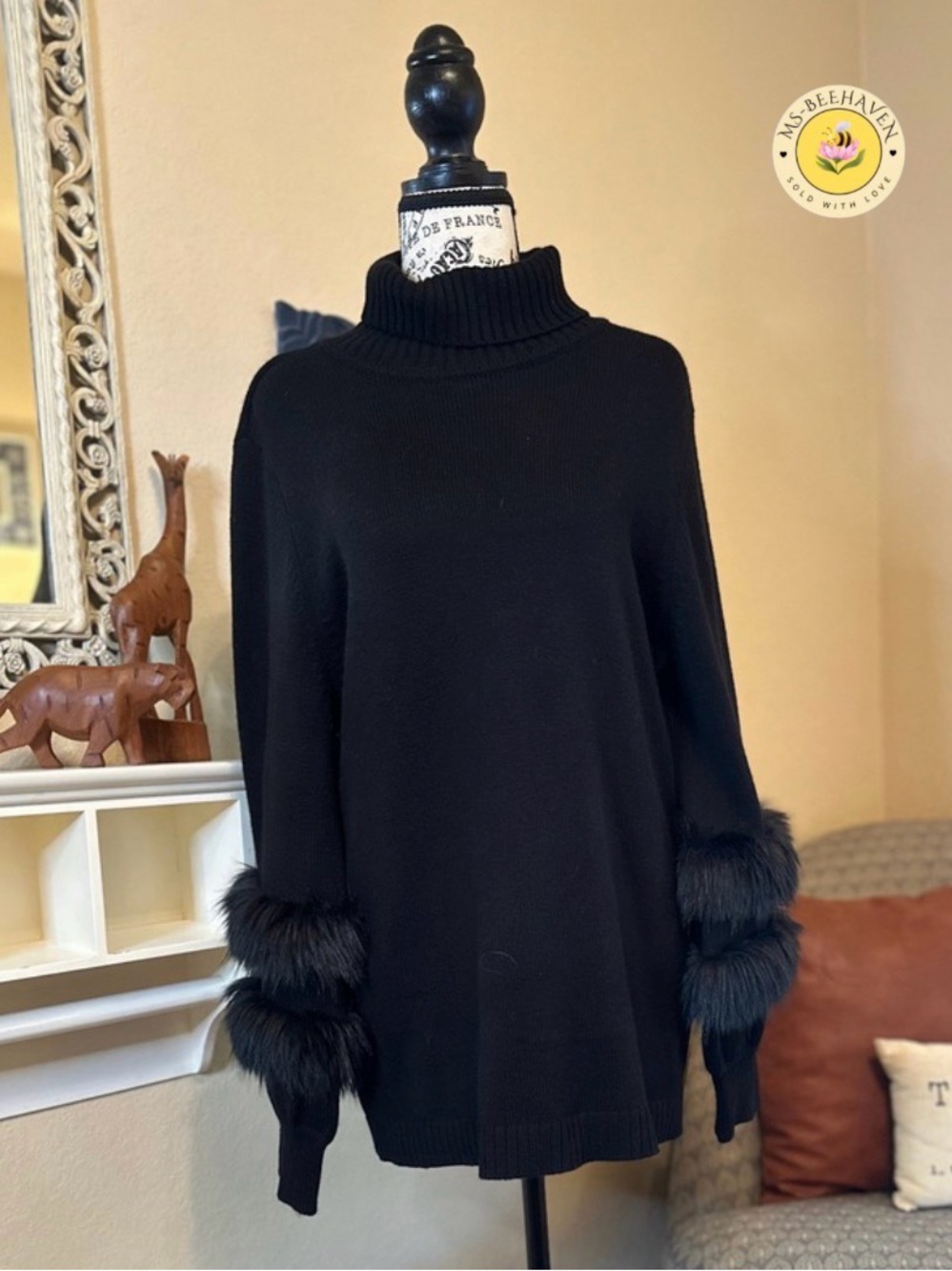 Chicos Black Faux-Fur Cuff Turtleneck Sweater - Women's